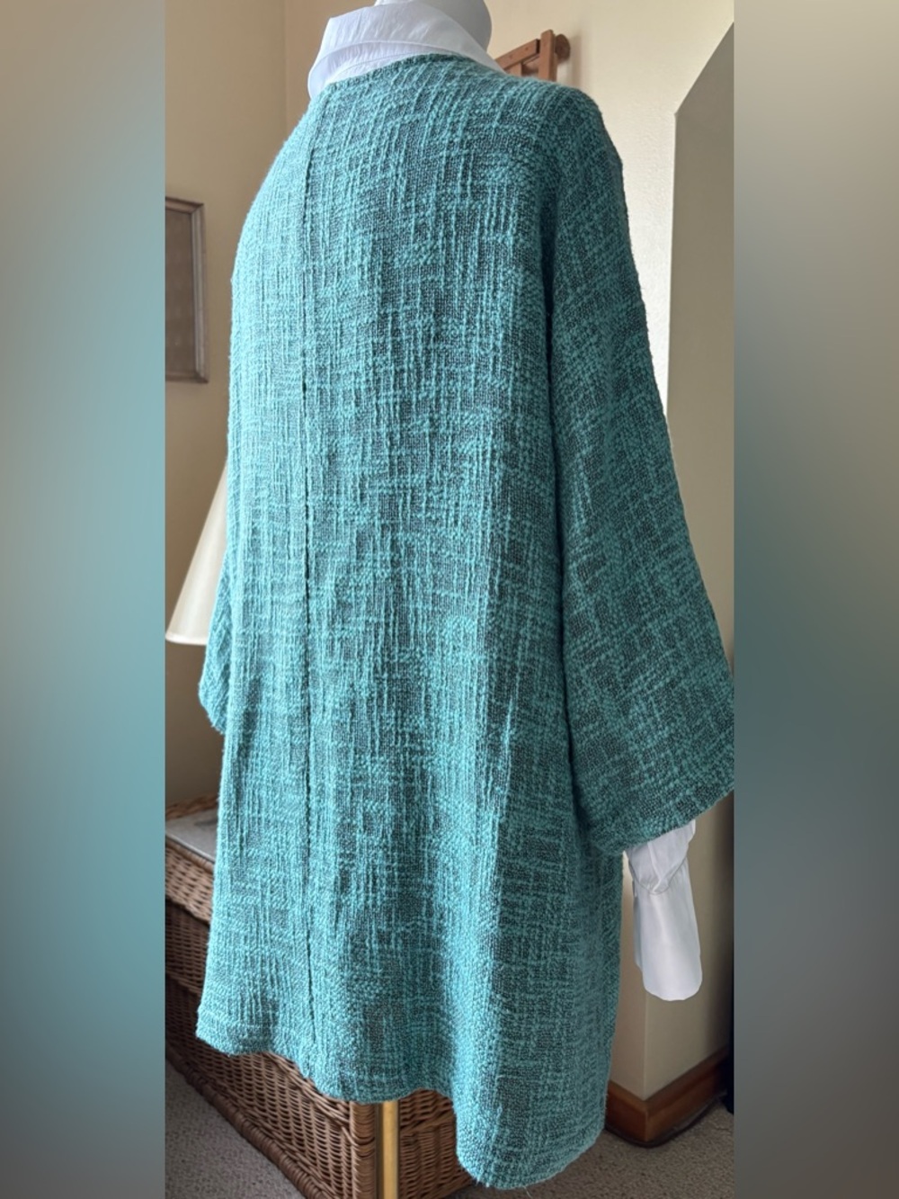 Masai Classic Open-Front Textured Cotton Boucle Knit Teal Oversized Jacket - XL - Picture 7 of 9